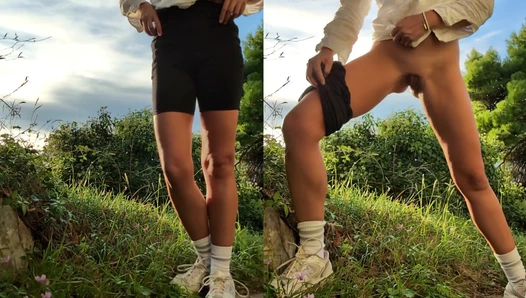 Peeing outdoor on the way back from the beach