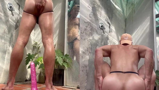 Riding my new dildo in the outdoor shower