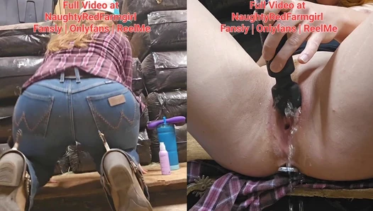 NaughtyRedFarmgirl - Horny Farmgirl Fucks herself in barn and horse Trailer wearing Chaps! Squirting everywhere!